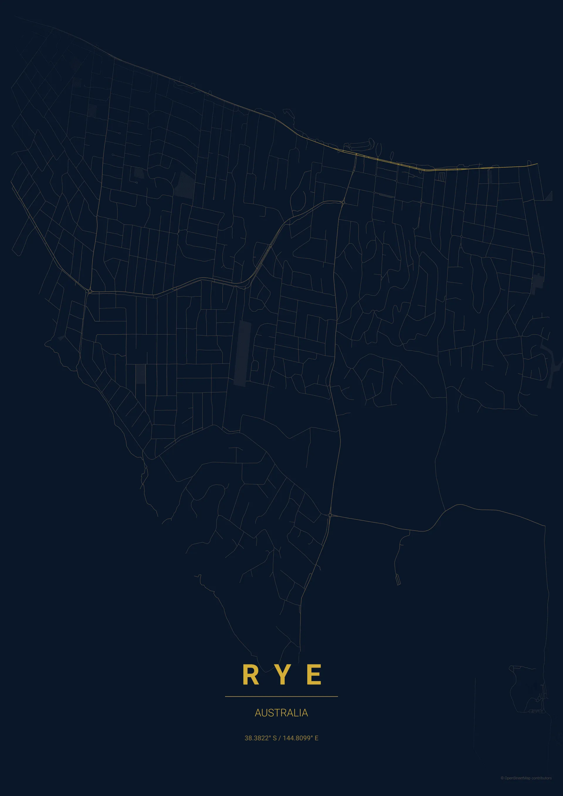 Midnight Blue style map of Rye Victoria poster
